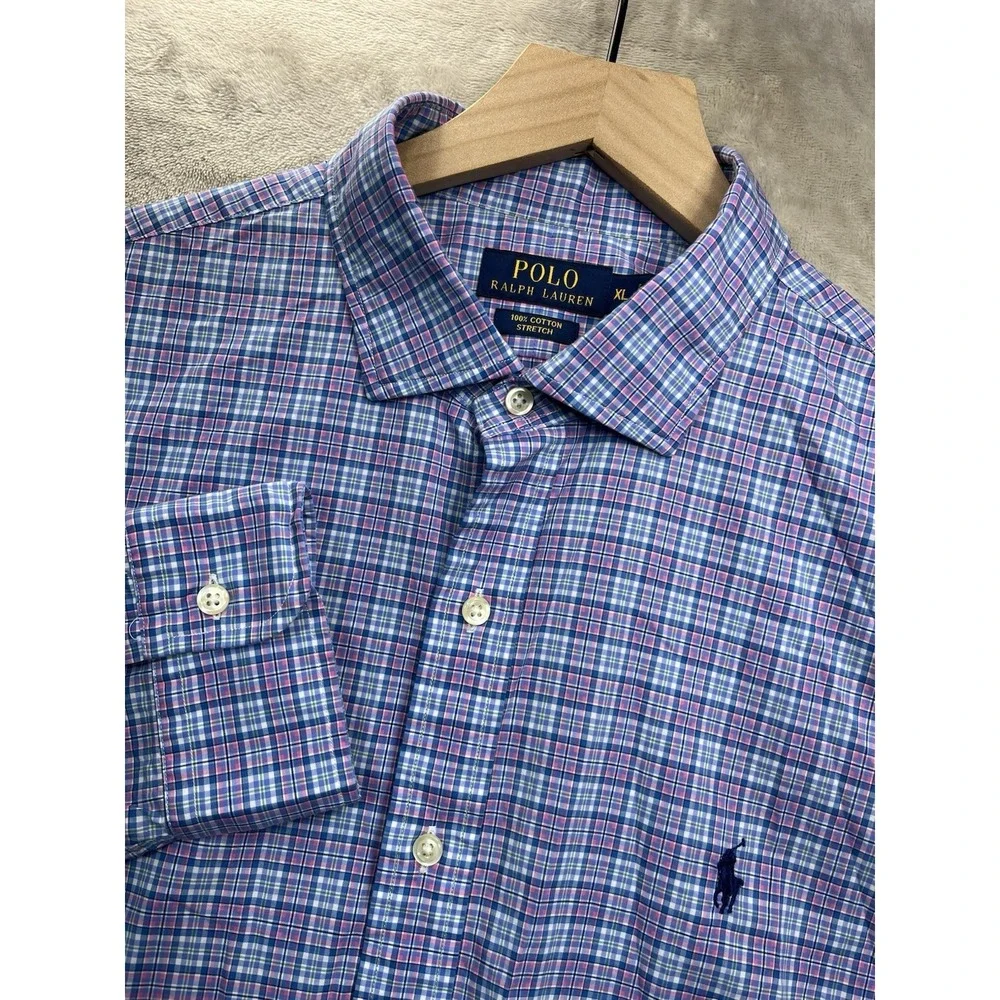 Polo‎ Ralph Lauren Button Down Shirt Men XL Pink Blue Plaid Fit Cotton Stretch